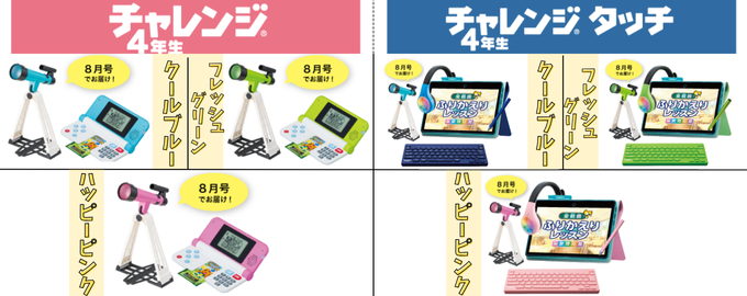 進研ゼミ小学講座・4年生の色を選べるメイン教材とタブレットカバーの紹介画像。