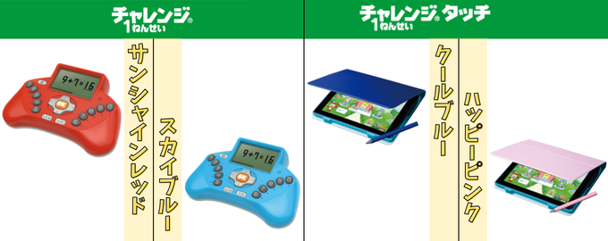 進研ゼミ小学講座・1年生の色を選べるメイン教材とタブレットカバーの紹介画像。