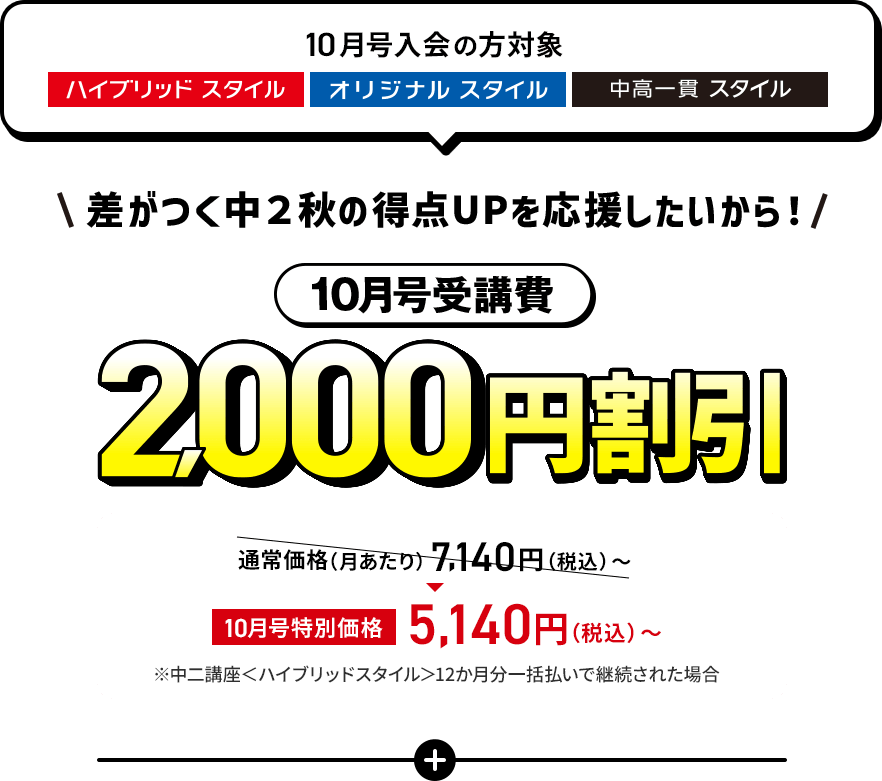 進研ゼミ中学講座の10月号は、受講費が2,000円割引になる。