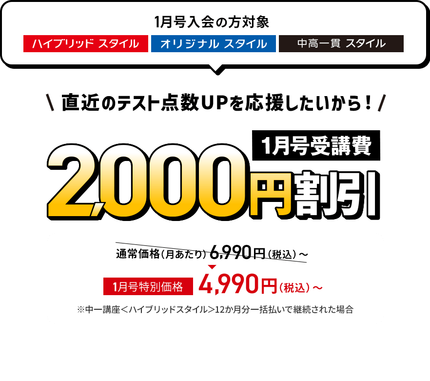 進研ゼミ中学講座の1月号は、受講費が2,000円割引になる。