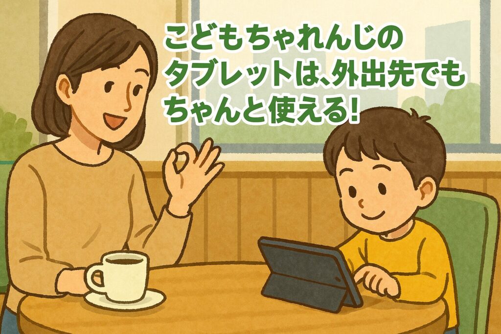 こどもちゃれんじのタブレットは、色んな外出先で使うことができる。