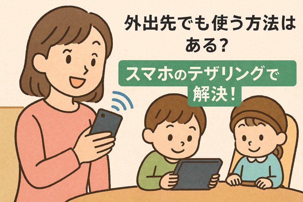 こどもちゃれんじのタブレットを、外出先で使うためのテザリング機能の紹介。