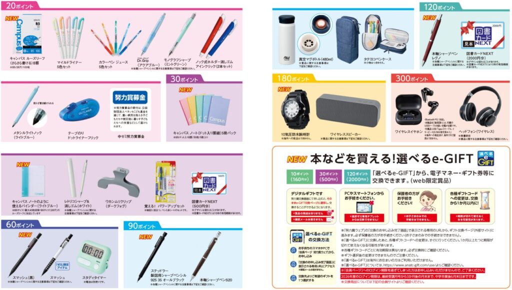 努力賞ポイントを貯めると貰える賞品一覧。