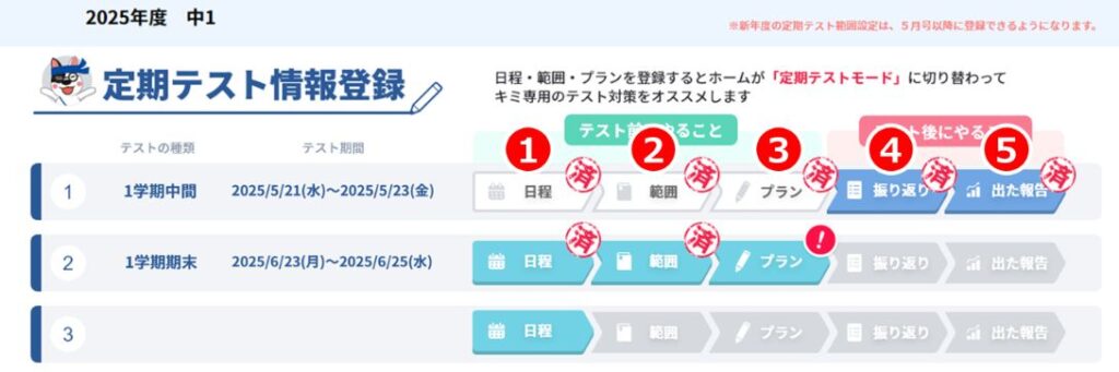 進研ゼミ中学講座の「テスト範囲登録」の画像。